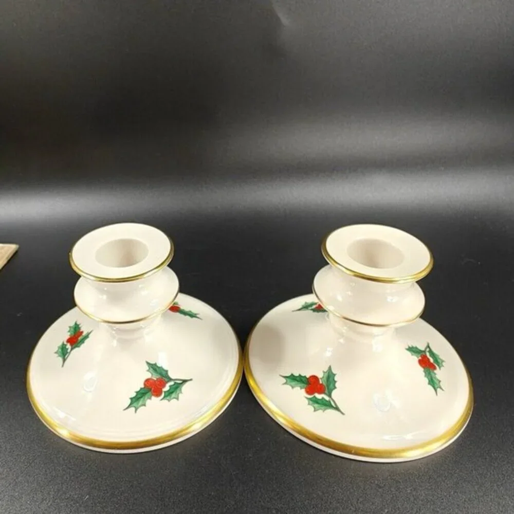 Pickard China Hand‎ Decorated Poinsettia Candle Stick Holder Set 2 Porcelain USA